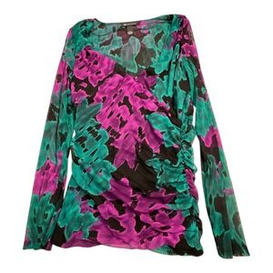 INC International Concepts Ruched Front Floral‎ Print Long Sleeve Sheer Top XL